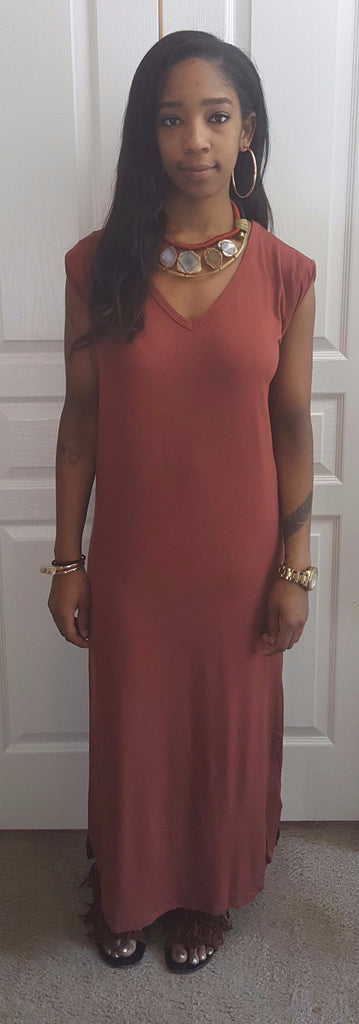 Rolled Sleeve, Side Slit Maxi Shirt Dress